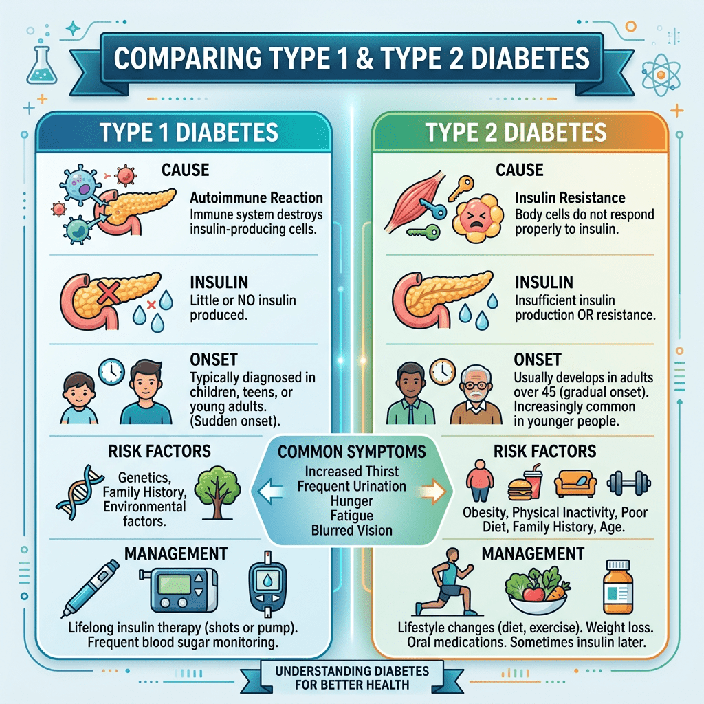 Comparison chart showing causes, insulin, onset, risk factors, symptoms, and management of Type 1 and Type 2 diabetes