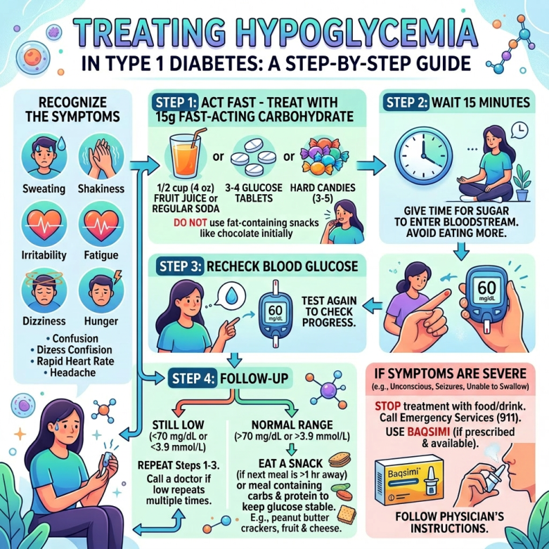 Infographic showing symptoms, treatment steps, and emergency actions for hypoglycemia in type 1 diabetes